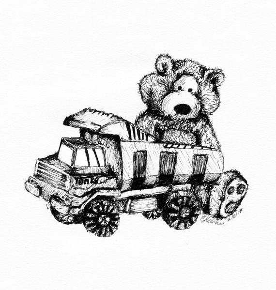 570x599 Teddy Playing With Toy Truck Ink Illustration Children's Etsy - Toy Truck Drawing