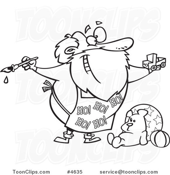 581x600 Cartoon Black And White Line Drawing Of Santa Painting A Toy Truck - Toy Truck Drawing