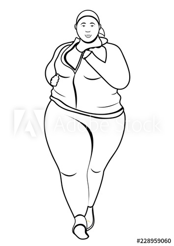 354x500 Fat Woman Running Outline Silhouette, Flat Linear Drawing, Black - Tracksuit Drawing