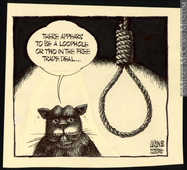 385x349 free trade loopholes drawing, cartoon aislin - Trade Drawing