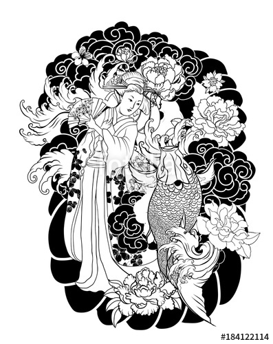 397x500 hand drawn geisha women hold fan japanese women in kimono - Traditional Geisha Drawing