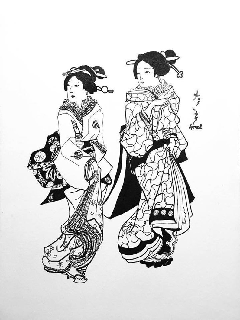 794x1059 traditional geisha portrait pen ink etsy - Traditional Geisha Drawing