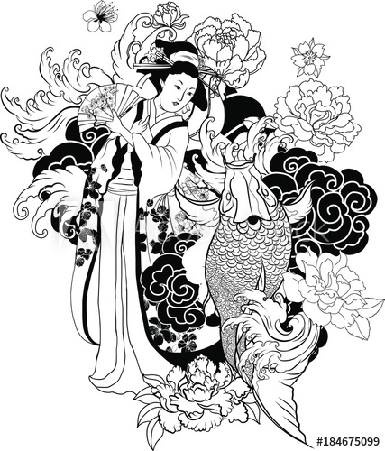 427x500 traditional japanese wave poster japanese women in kimono with her - Traditional Geisha Drawing