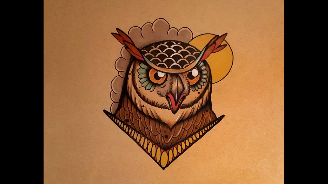 1280x720 How To Draw An Owl Face Tattoo Style - Traditional Owl Drawing