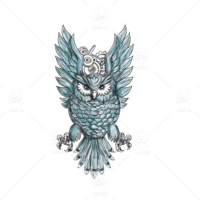 640x640 Tattoo Style Illustration Of An Owl Swooping With Clock Gears - Traditional Owl Drawing