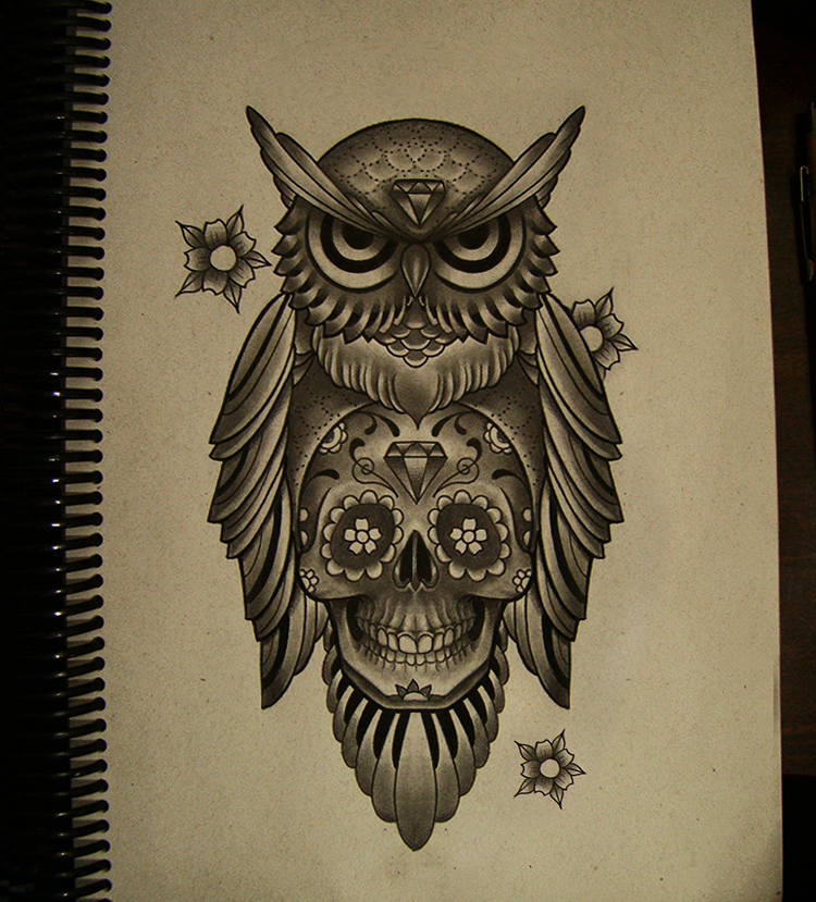 750x829 Owl Mexican Skull - Traditional Owl Drawing