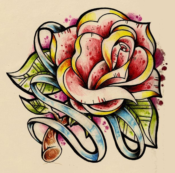 606x602 traditional rose drawing tattoo with stripe best tattoo ideas - Traditional Rose Drawing