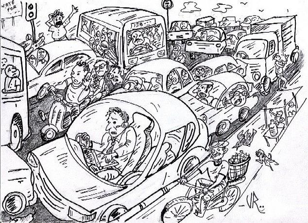 634x460 Traffic Jam Funny Drawing - Traffic Drawing