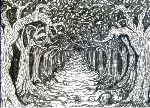 570x412 Creepy Ink Drawing Print Haunted Trail In Products Ink - Trail Drawing