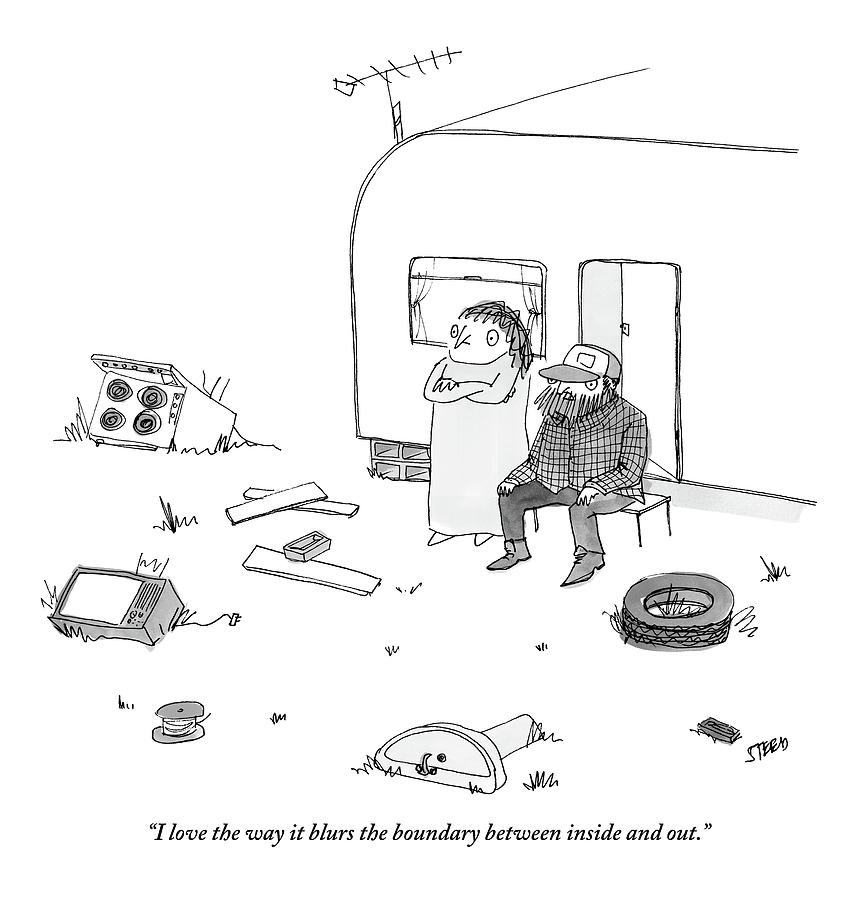 856x900 A Man And Woman Sit Outside Of Their Trailer Drawing - Trailer Drawing