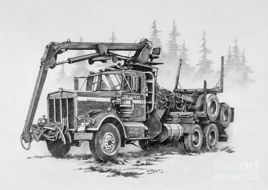 900x639 Self Loading Log Truck Drawing - Trailer Truck Drawing