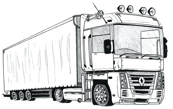 600x377 coloring pages of trucks and trailers semi truck old free trailer - Trailer Truck Drawing