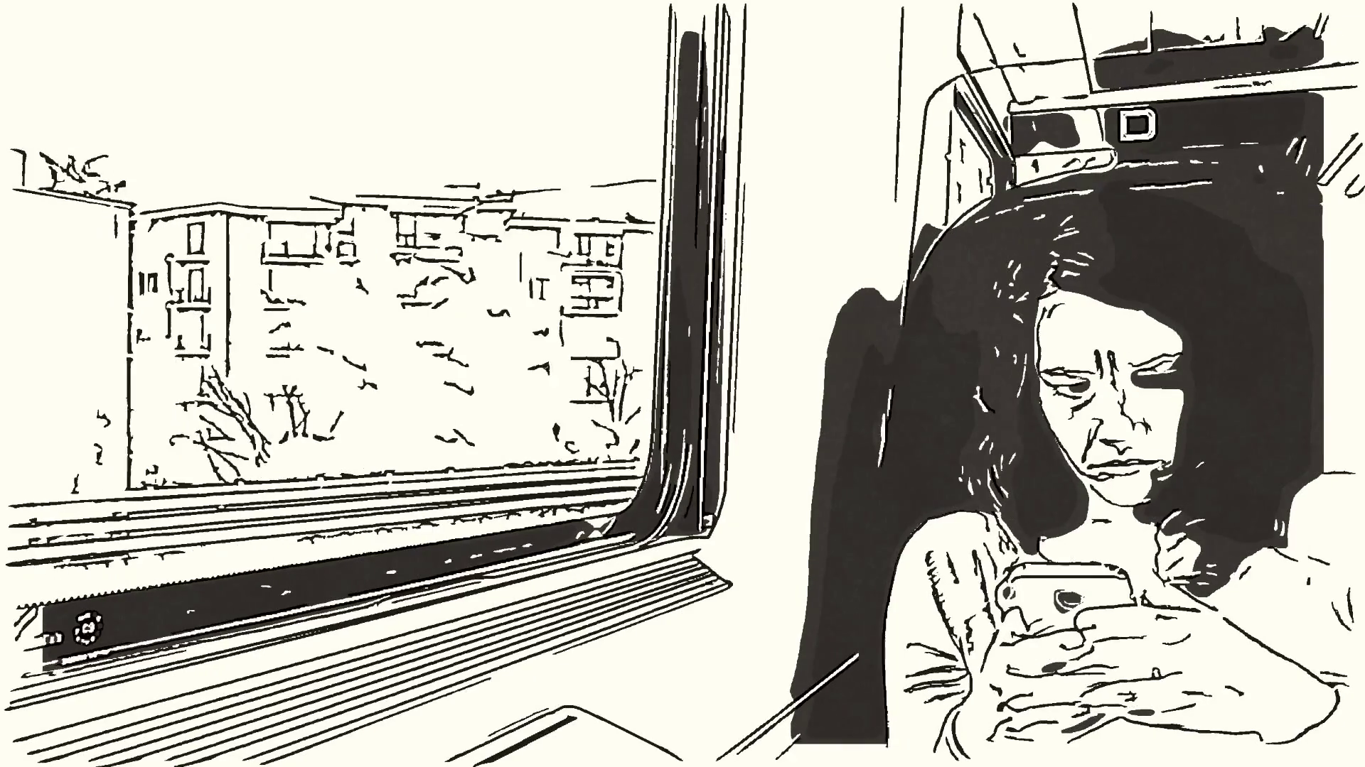 1920x1080 Girl With Cell Phone On Train, With Pencil Drawing Effect, Sitting - Train Drawing