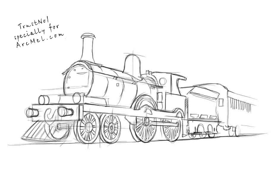 916x600 How To Draw A Train Step - Train Drawing Pictures