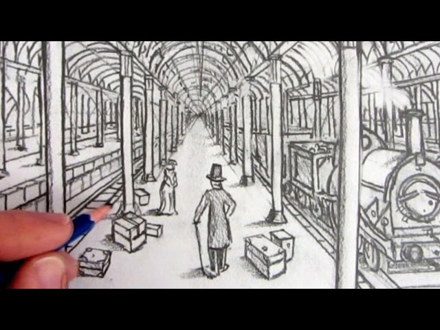 640x480 How To Draw A Victorian Railway Station In One Point Perspective - Train Station Drawing