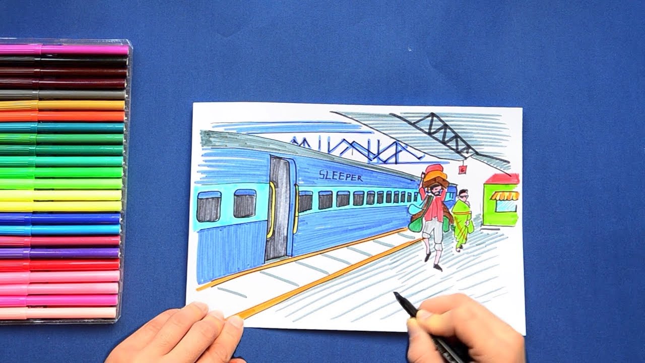 1280x720 How To Draw A Train - Train Station Drawing