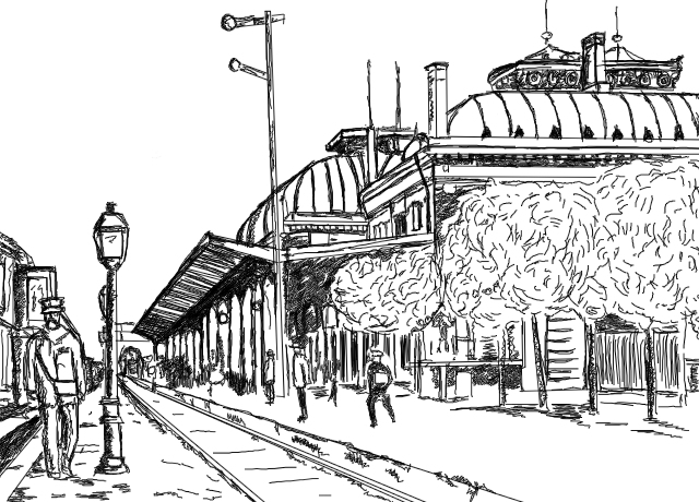 640x460 First Romanian Train Station - Train Station Drawing