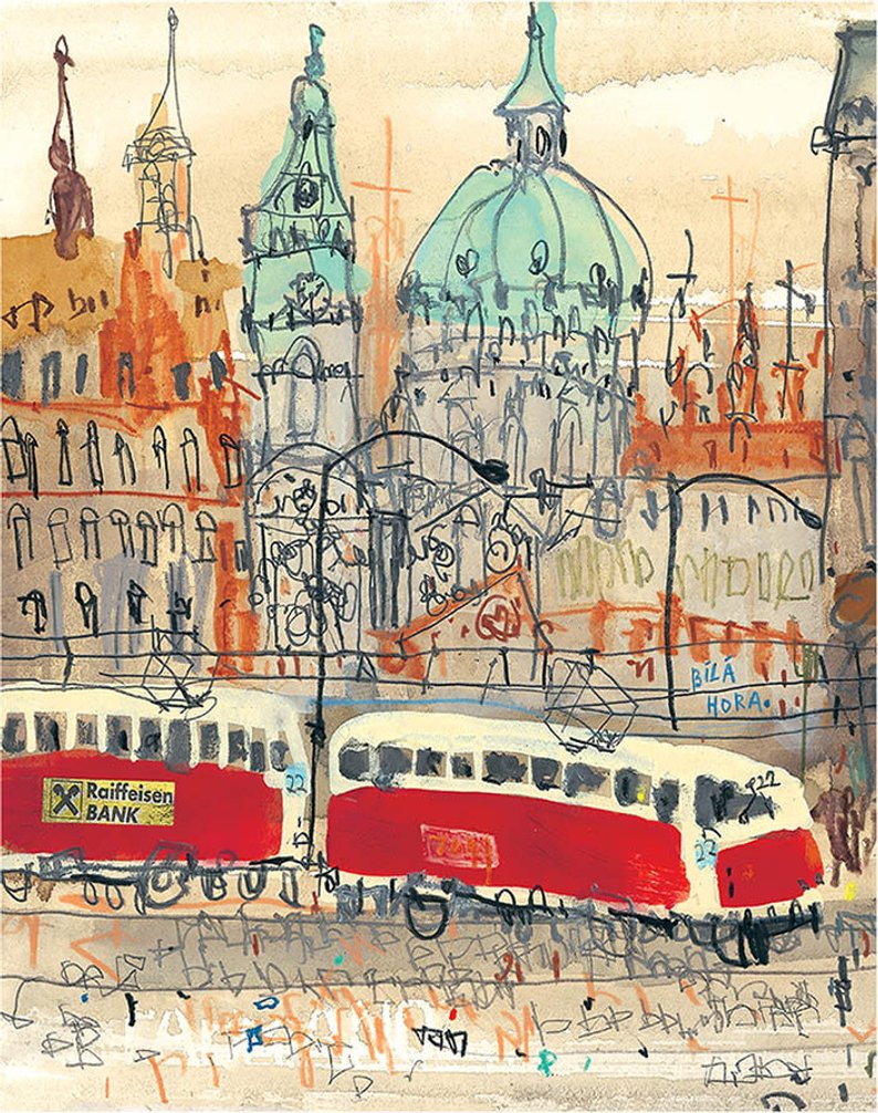 794x1006 prague art print czech republic painting prague tram etsy - Tram Drawing