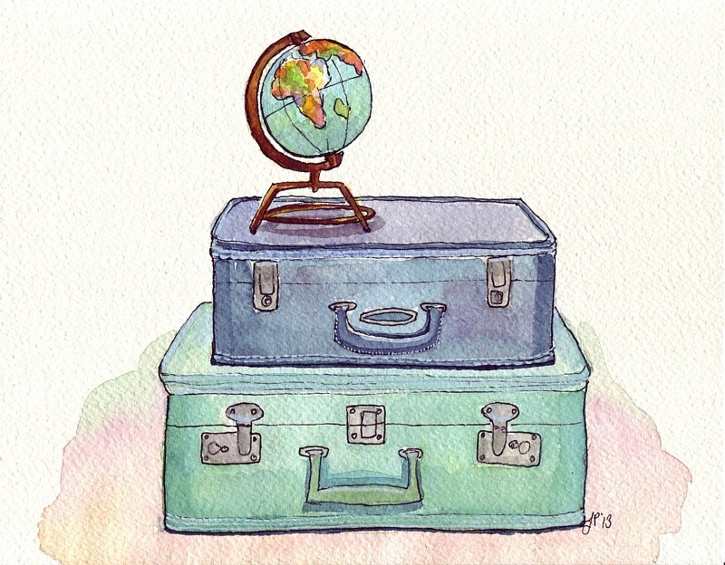 800x624 Watercolor Painting Vintage Suitcases And Globe Blue And Etsy - Travel Drawing Tumblr