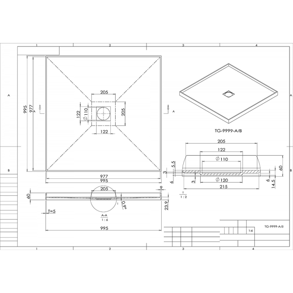 600x600 vogue tile square shower tray grey centre stainless - Tray Drawing