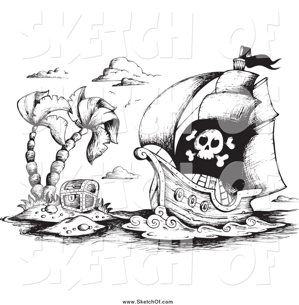 1024x1044 Drawing Of A Sketched Pirate Ship And Treasure Island - Treasure Drawing