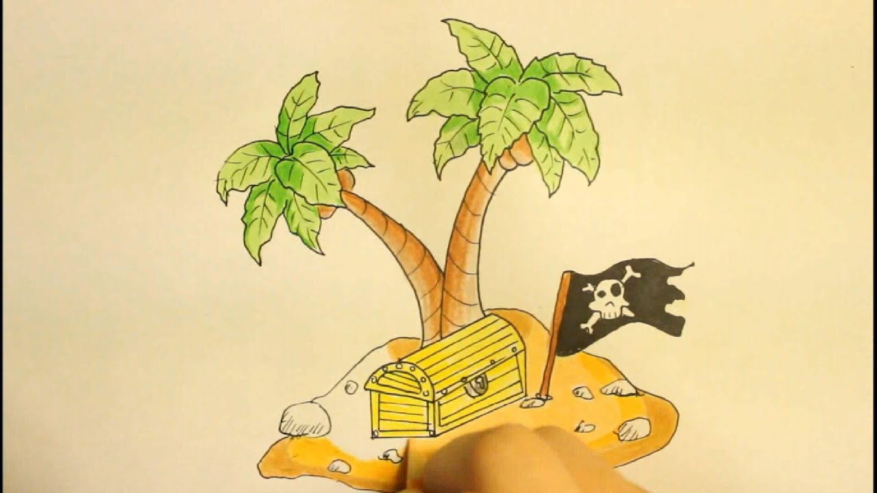1280x720 How To Draw A Island With Palm Tree And Treasure Box Easy Step - Treasure Drawing