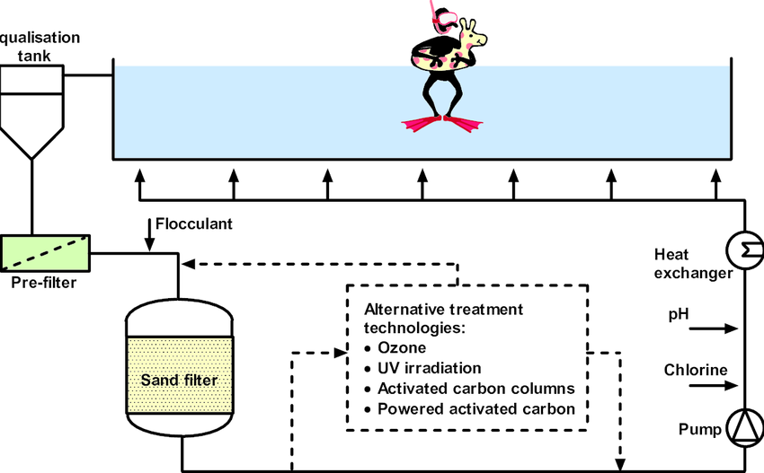 850x527 schematic drawing of a swimming pool with water treatment system - Treatment Drawing