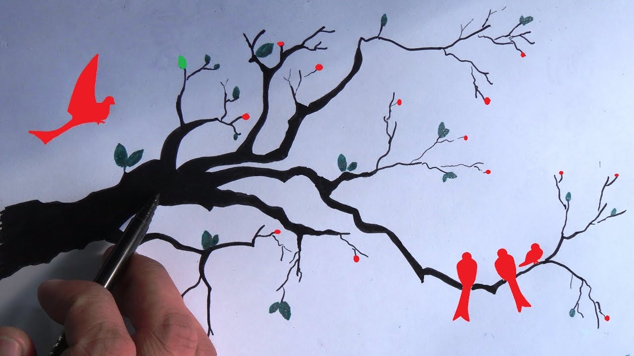 1280x720 How To Draw Branches And Cute Birds - Tree And Bird Drawing