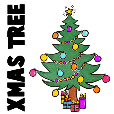 400x400 How To Draw A Christmas Tree With Gifts Presents Under It - Tree Christmas Drawing
