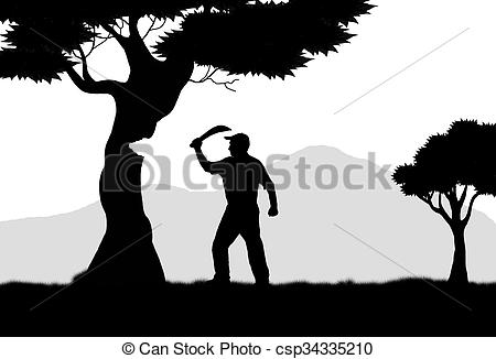 450x326 Man With Machete Illustration,black Silhouette Of Man Cutting - Tree Cutting Drawing