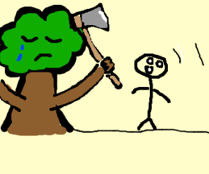 300x250 Crying Tree Uses Axe To Cut Down Man Drawing - Tree Cutting Drawing