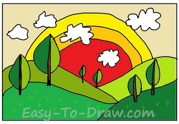 370x256 How To Draw Cartoon Sunrise On The Mountains For Kids Easy - Tree Drawing Cartoon