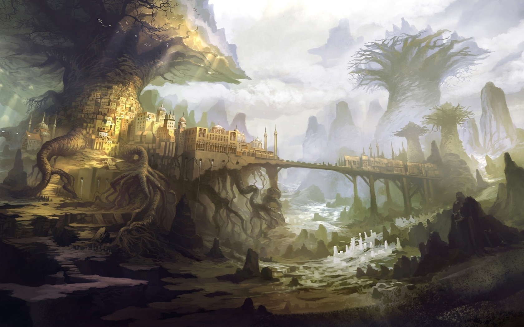 1680x1050 city trees drawing wallpaper wallpaperup - Tree Drawing Wallpaper