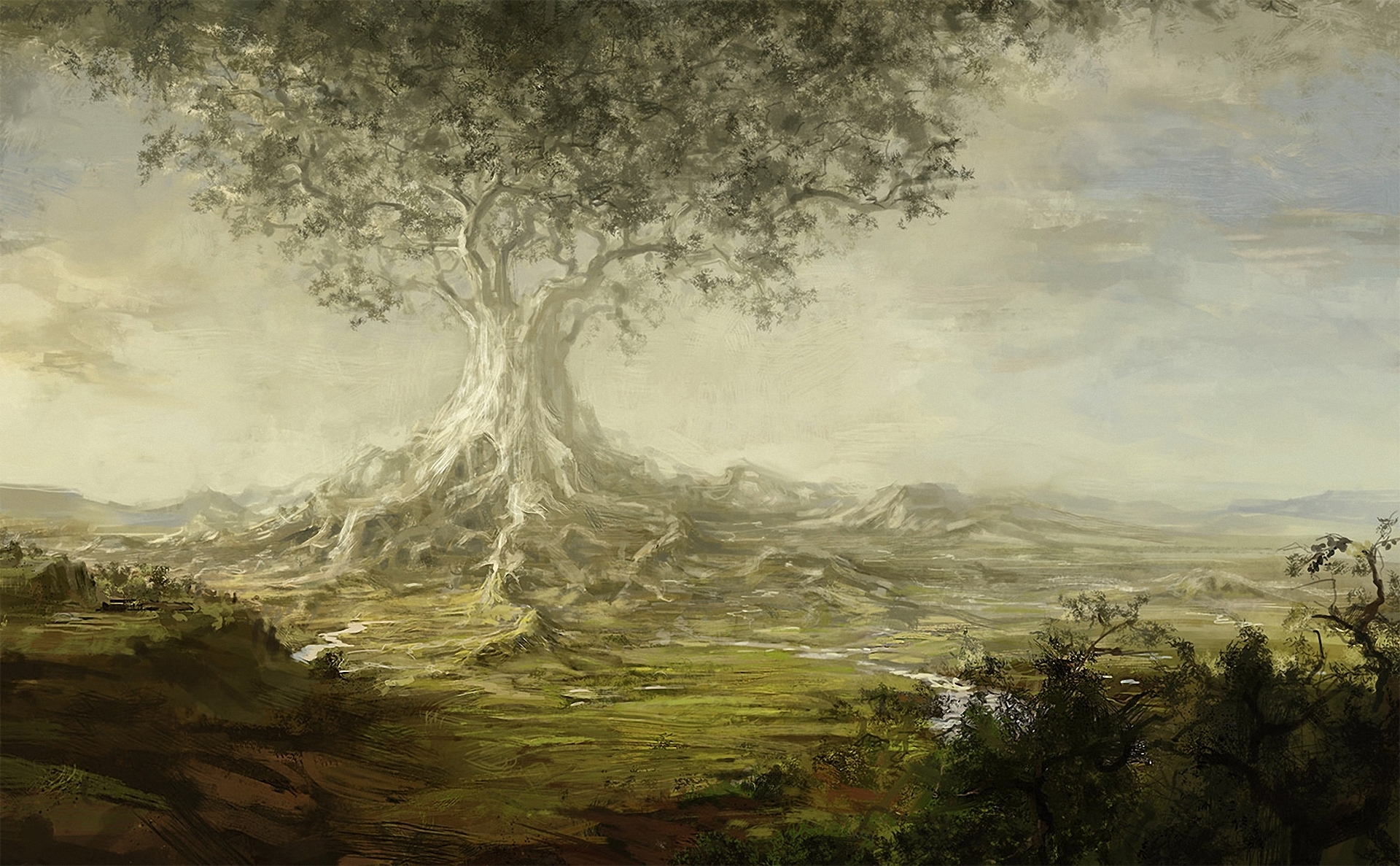 1920x1187 Tree, Giant, Valley, River, Roots, Art, Paintings, Landscapes - Tree Drawing Wallpaper