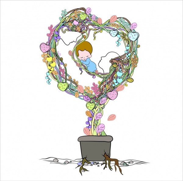 600x596 family banner kid growing tree parents icons decor free vector - Tree Kid Drawing