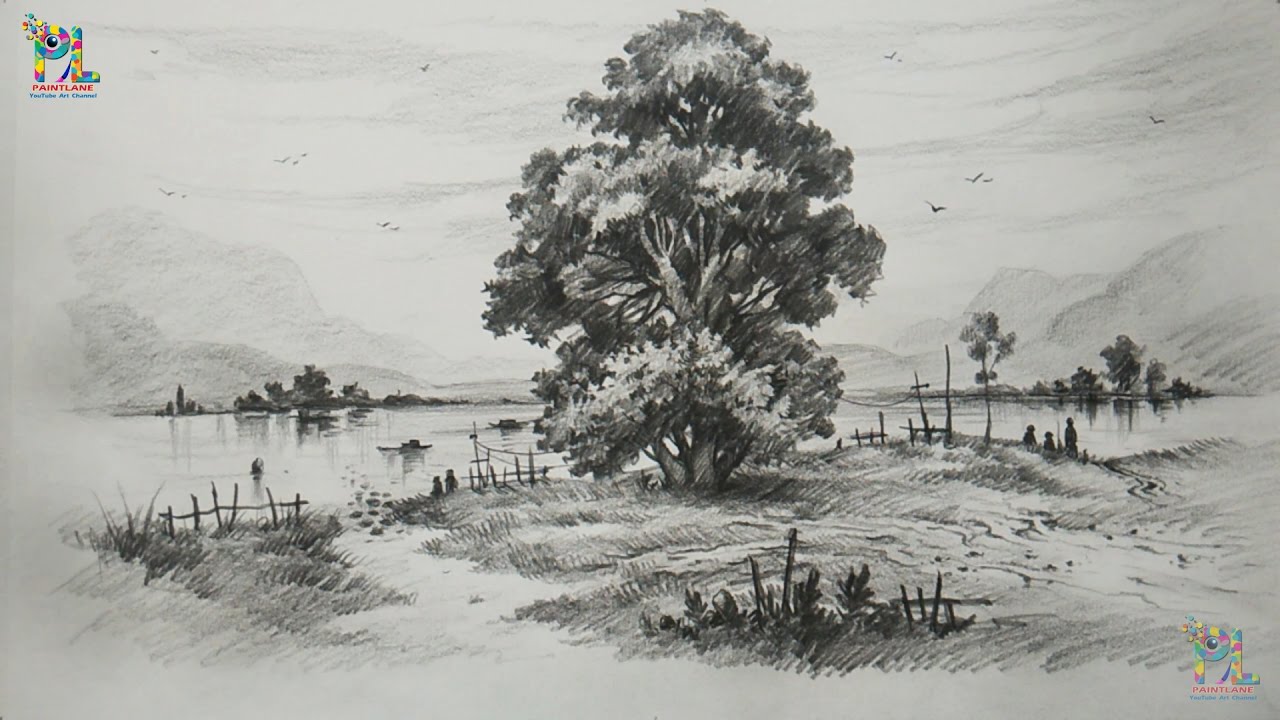 1280x720 How To Draw And Shade A Tree In A Beautiful Landscape With Pencil - Tree Landscape Drawing