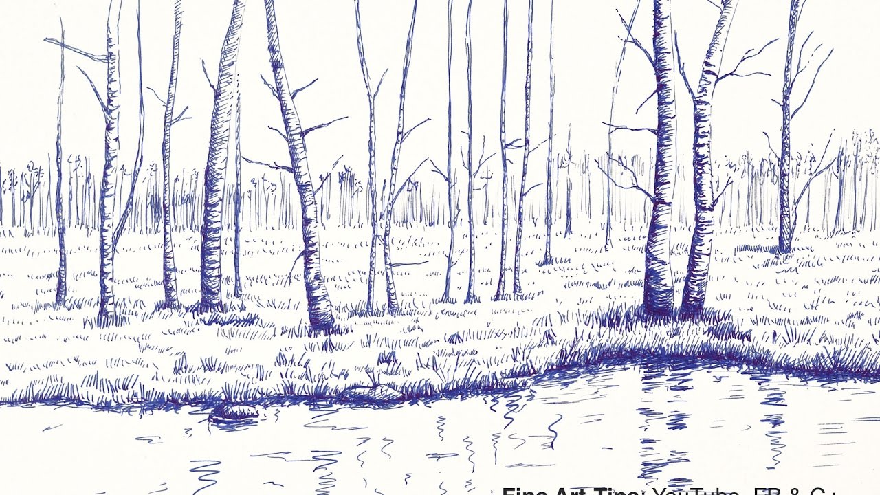 1280x720 How To Draw A Landscape With Trees And Lake, With Fountain Pen - Tree Landscape Drawing