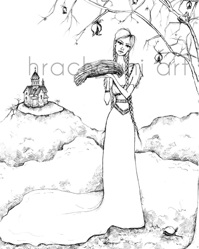 794x993 lavash girl print armenian pomegranate tree life church hills etsy - Tree Of Life Line Drawing