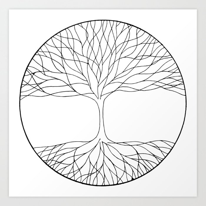 700x700 Black And White Minimalist Tree Of Life Line Drawing Art Print - Tree Of Life Line Drawing