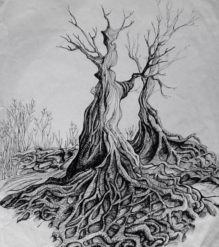 roots wrapped around person sketch