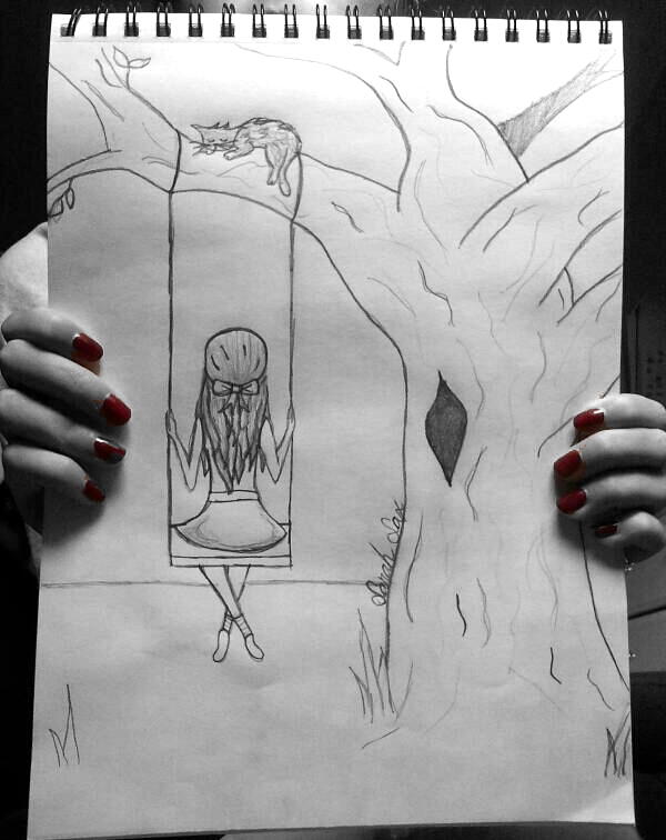 600x756 Girl On Swing Sketch Shared - Tree Swing Drawing
