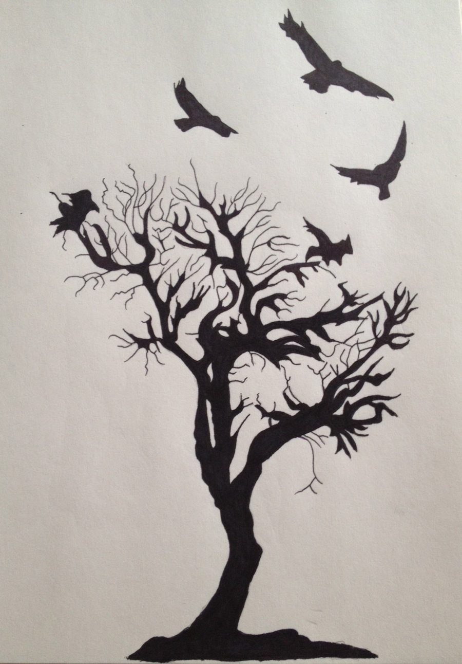 900x1292 Black Silhouette Flying Birds Tree Tattoo Design - Tree Tattoo Drawing