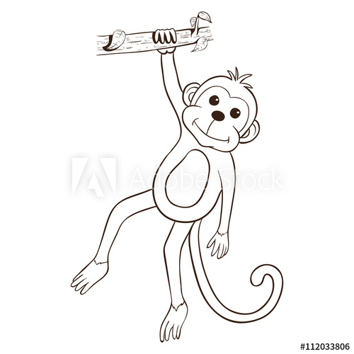500x500 Cute Monkey With Outline Or Line Art Hanging On The Tree Trunk - Tree Trunk Line Drawing