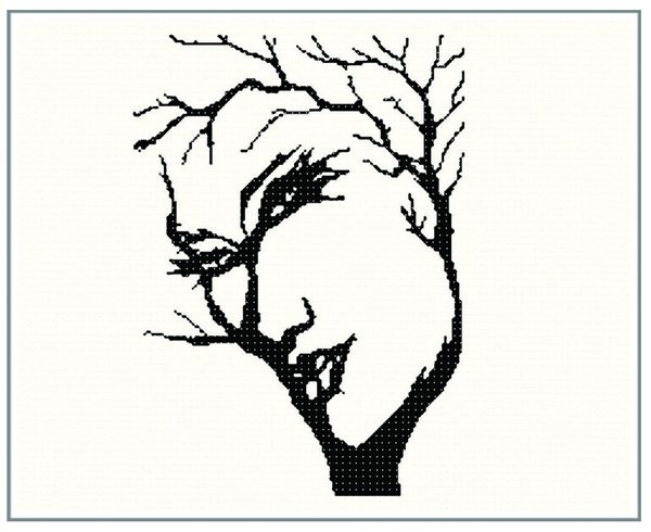600x490 Face In Tree Illusion Cross Stitch Chart - Tree With Face Drawing