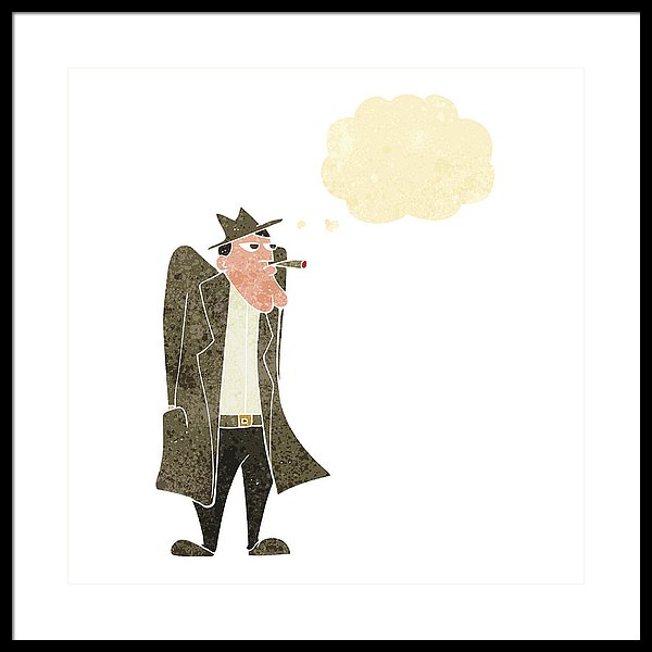 600x600 cartoon man in hat and trench coat with thought bubble framed - Trench Coat Drawing