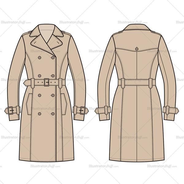 600x600 women's trench coat fashion flat template - Trench Coat Drawing