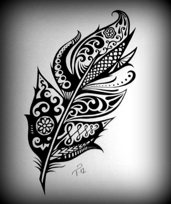 570x680 Tribal Henna Feather Art Drawing Custom Ink Drawing Black White - Tribal Art Drawing