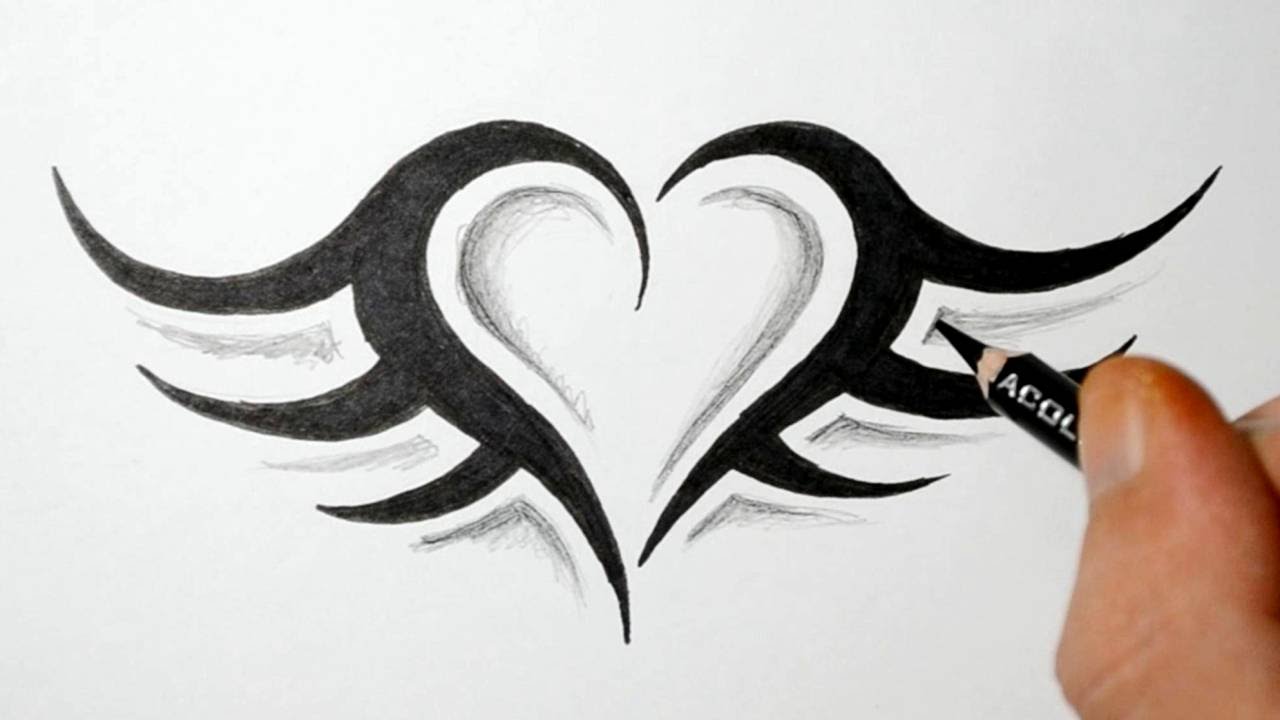 1280x720 How To Draw A Simple Tribal Heart Tattoo With Wings - Tribal Drawing Step By Step