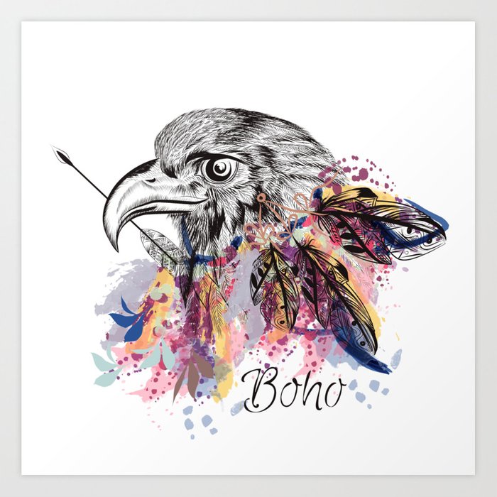 700x700 boho tribal eagle with arrow and colorful spots art print - Tribal Eagle Drawing