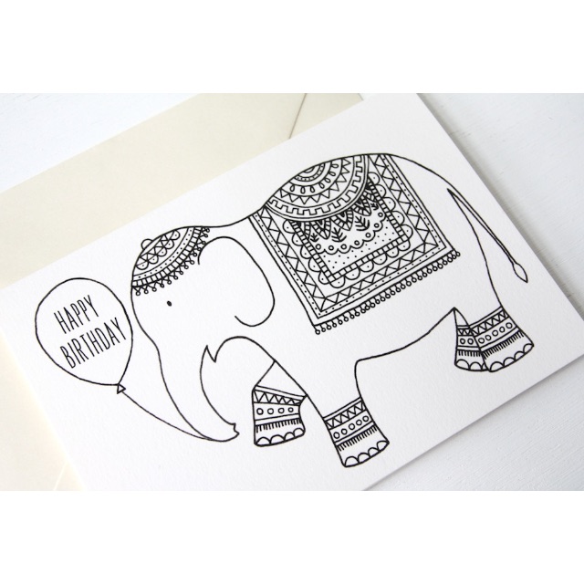 640x640 Colouring Card Tribal Elephant Drawing Birthday Card, Design - Tribal Elephant Drawing